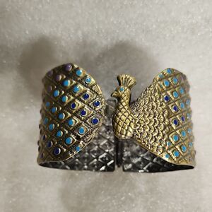 Peacock Design Gold tone and Blue Cuff Bracelet